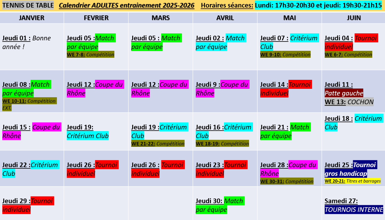 Calendrier Entrainements Adultes