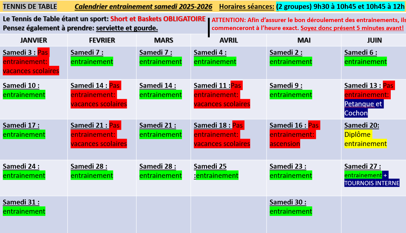 Calendrier Entrainements Jeunes